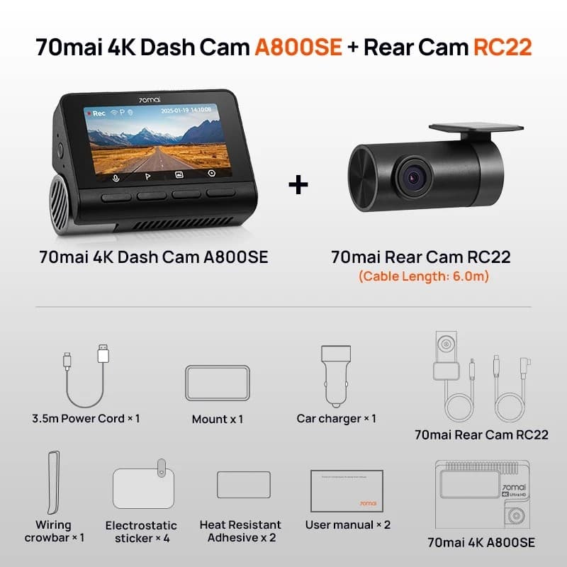 70mai Dash Cam 4K A800SE + Câmara traseira 70mai RC22