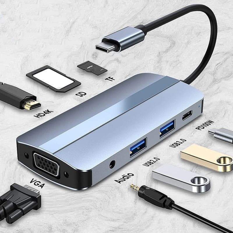 Hub USB BYL-2105 8 em 1 USB-C /USB 3.0+2.0+USB Tipo C+VGA+HDMI+microSD+TF