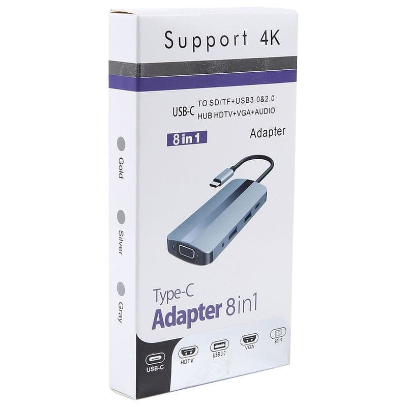 Hub USB BYL-2105 8 em 1 USB-C /USB 3.0+2.0+USB Tipo C+VGA+HDMI+microSD+TF