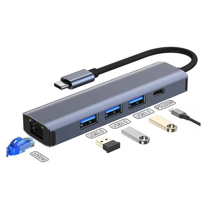 Hub USB BYL-2302 5 em 1 USB Tipo-C/USB 3.0+Tipo C 100W+RJ45