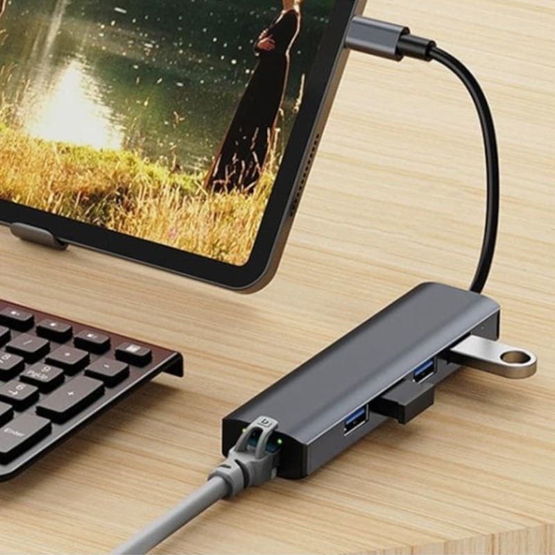 Hub USB BYL-2302 5 em 1 USB Tipo-C/USB 3.0+Tipo C 100W+RJ45