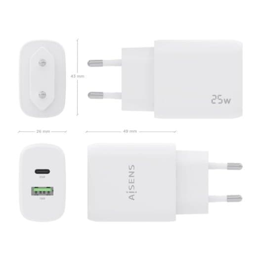 Aisens A110-0758 Carregador 25W PD3.0 QC3.0 1xUSB-C 1xUSB-A Branco