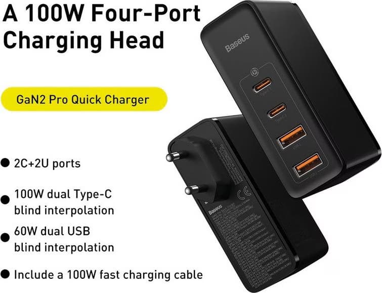 Baseus Carregador GaN2 Pro 100W 2xUSB-C+2xUSB