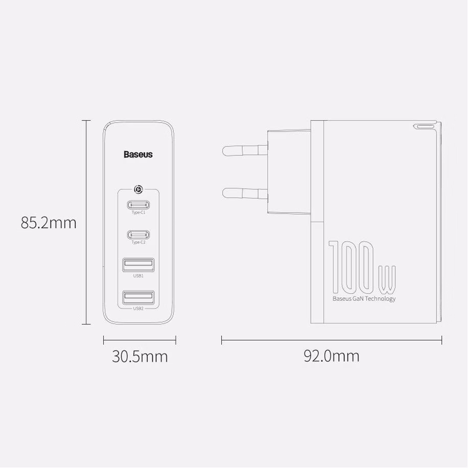 Baseus Carregador GaN2 Pro 100W 2xUSB-C+2xUSB