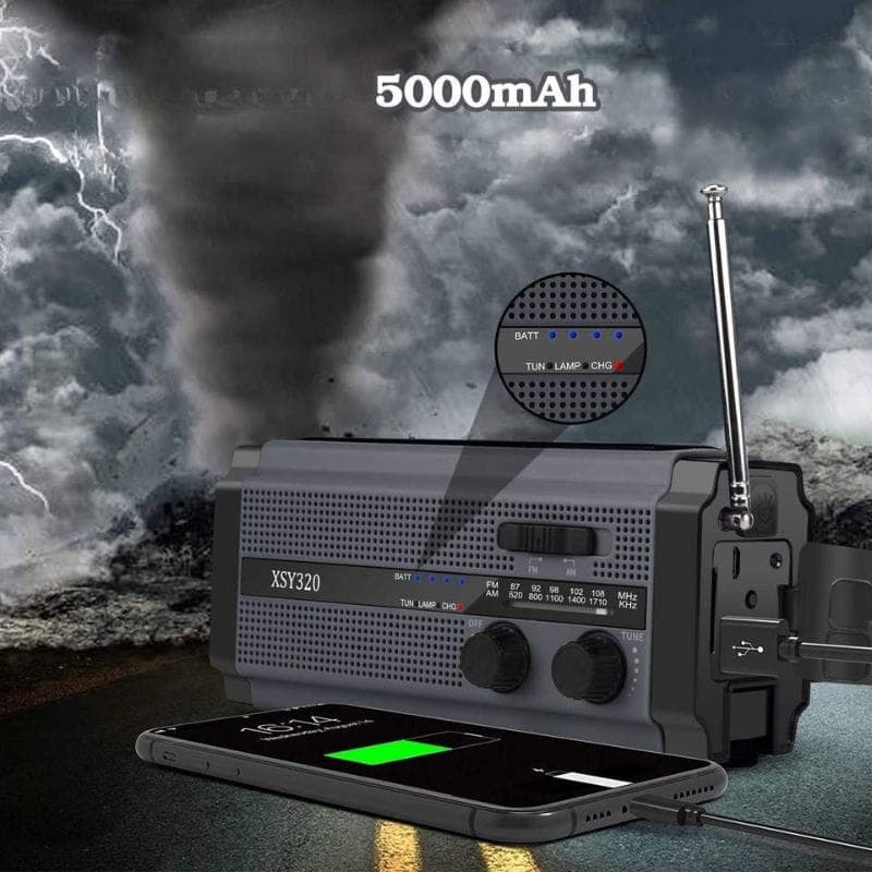 Rádio de Emergência Portátil 5000 mAh Cinza e Preto