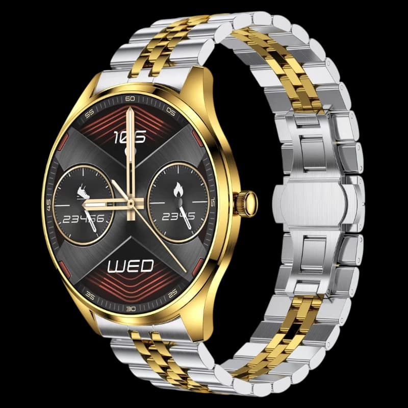 TN99 Smartwatch com Bracelete Metálica Dourada IP67 Chamadas Bluetooth