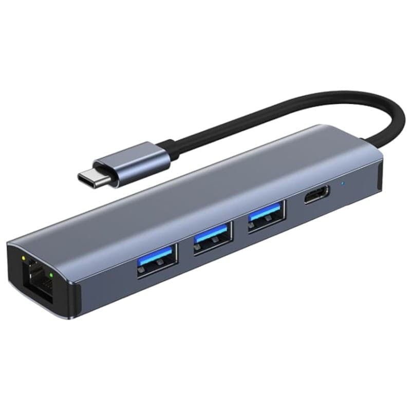Hub USB BYL-2302 5 em 1 USB Tipo-C/USB 3.0+Tipo C 100W+RJ45