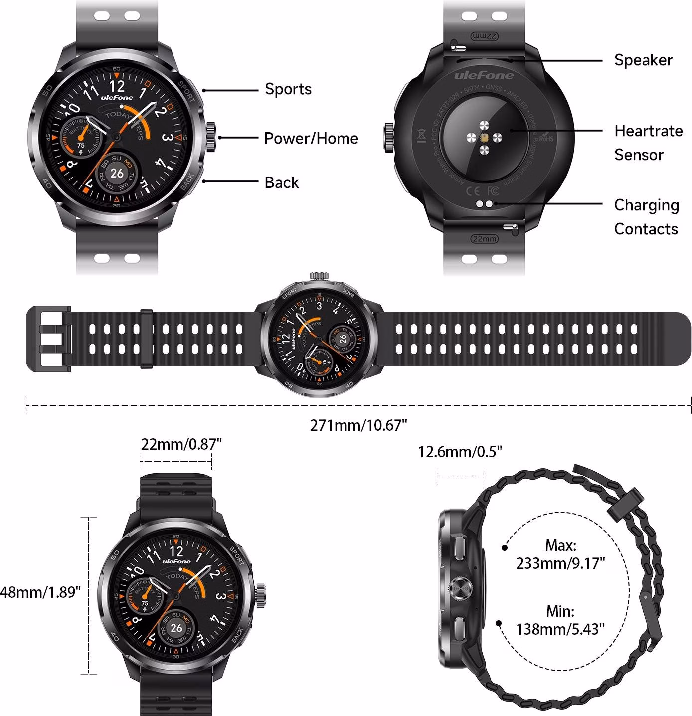 Relógio inteligente Ulefone Armor Watch Pro Preto com ecrã AMOLED de 1,50 polegadas GPS integrado