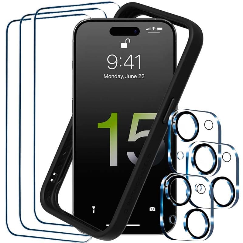 Pack de Acessórios iPhone 15 Plus com 3 Película de ecrã + 3 Película de vidro para cámara + Capa Bumper