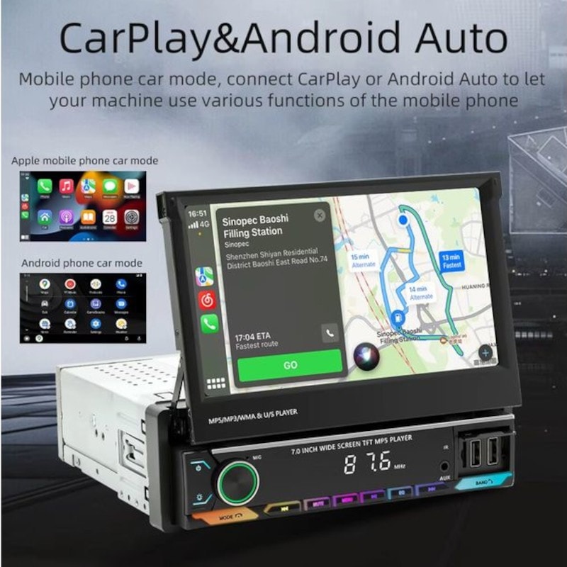 Autorádio 1 DIN SWM 9614C 7 polegadas Bluetooth/Carplay USB Preto