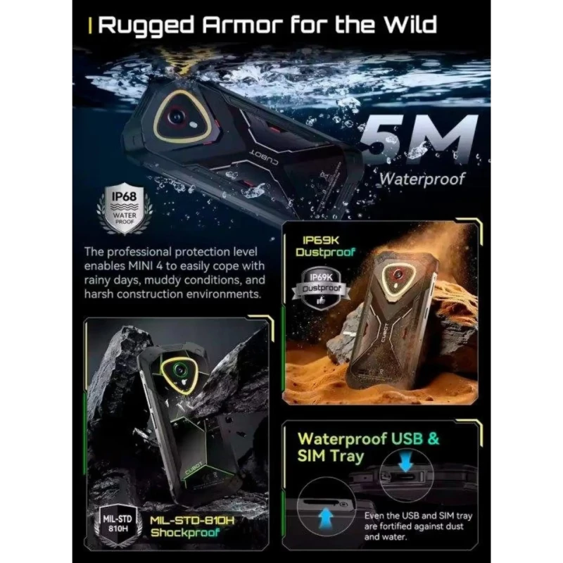 Cubot KingKong Mini 4 126 GB Preto-Verde Luz de campismo 6 GB de RAM Processador SC T616