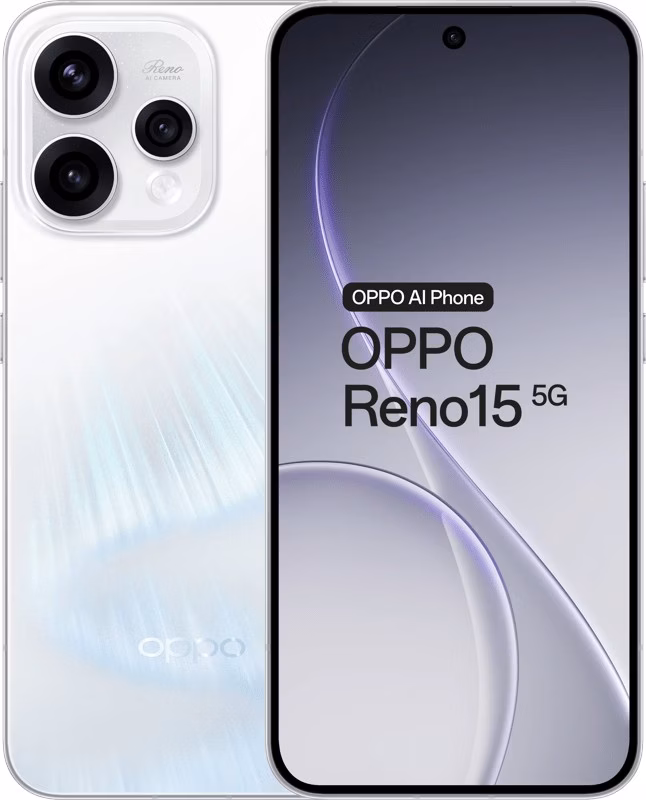 Oppo Reno15 5G 512 GB Aurora Branco Ecrã de 6,59" 8 GB de RAM Câmara traseira tripla de 50 Mpx