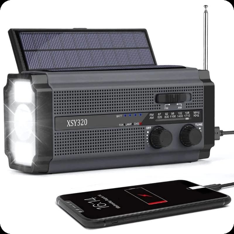 Rádio de Emergência Portátil 5000 mAh Cinza e Preto