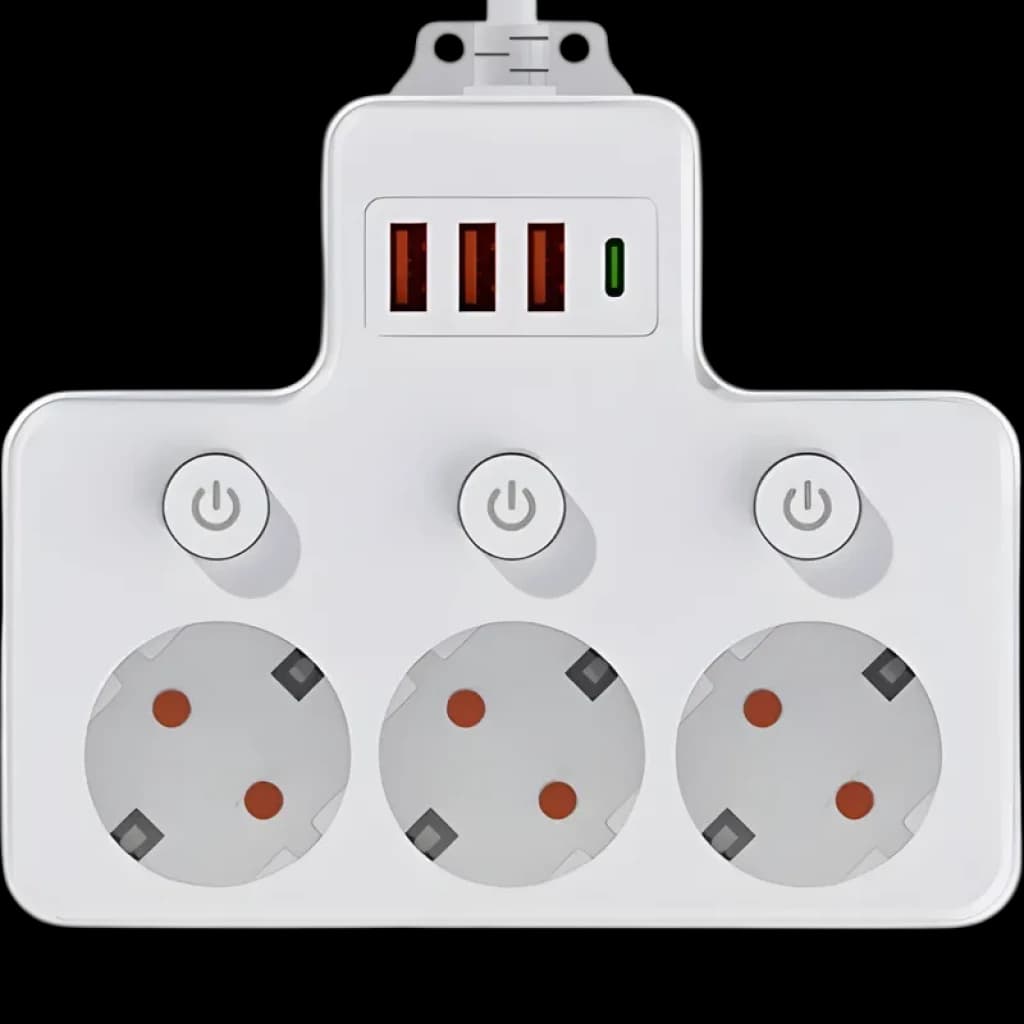 Regleta de tomadas 1 USB-C, 3 USB-A, 4 AC com interruptores individuais