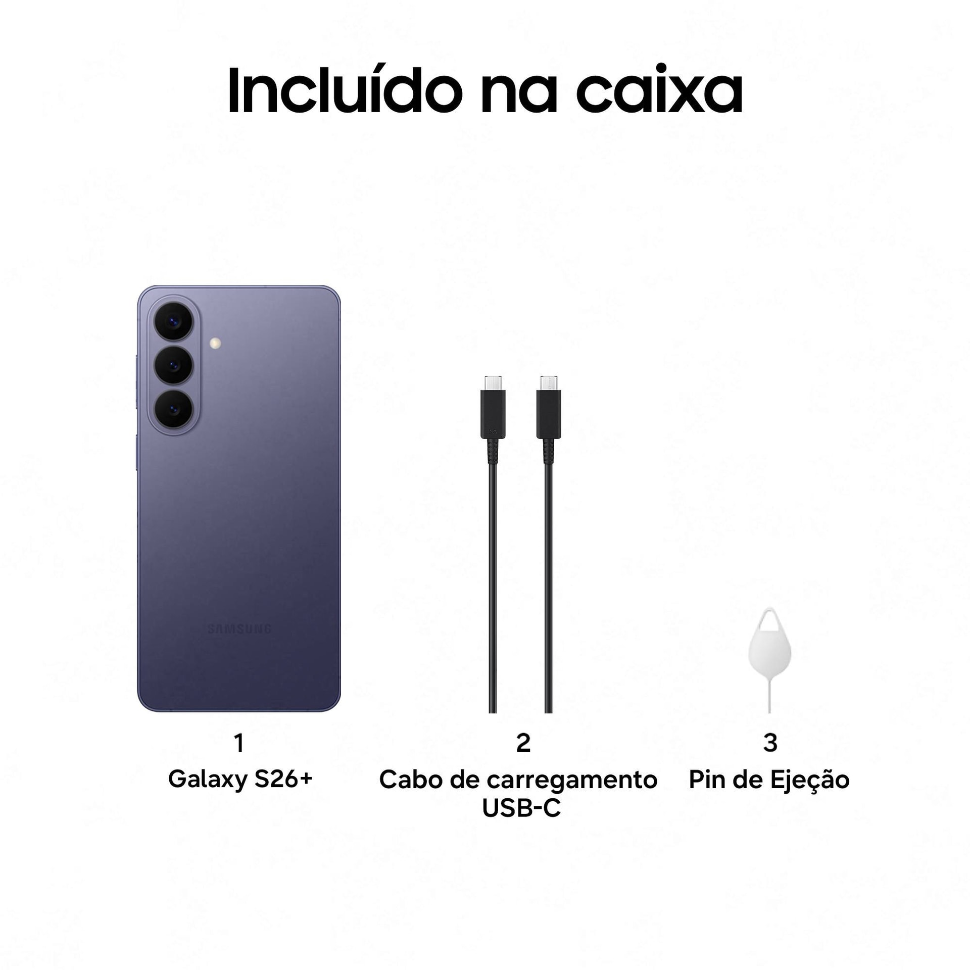 Samsung Galaxy S26+ 5G 256 GB Violeta Cobalto Processador Exynos 2600 12 GB de RAM Bateria de 4900 mAh