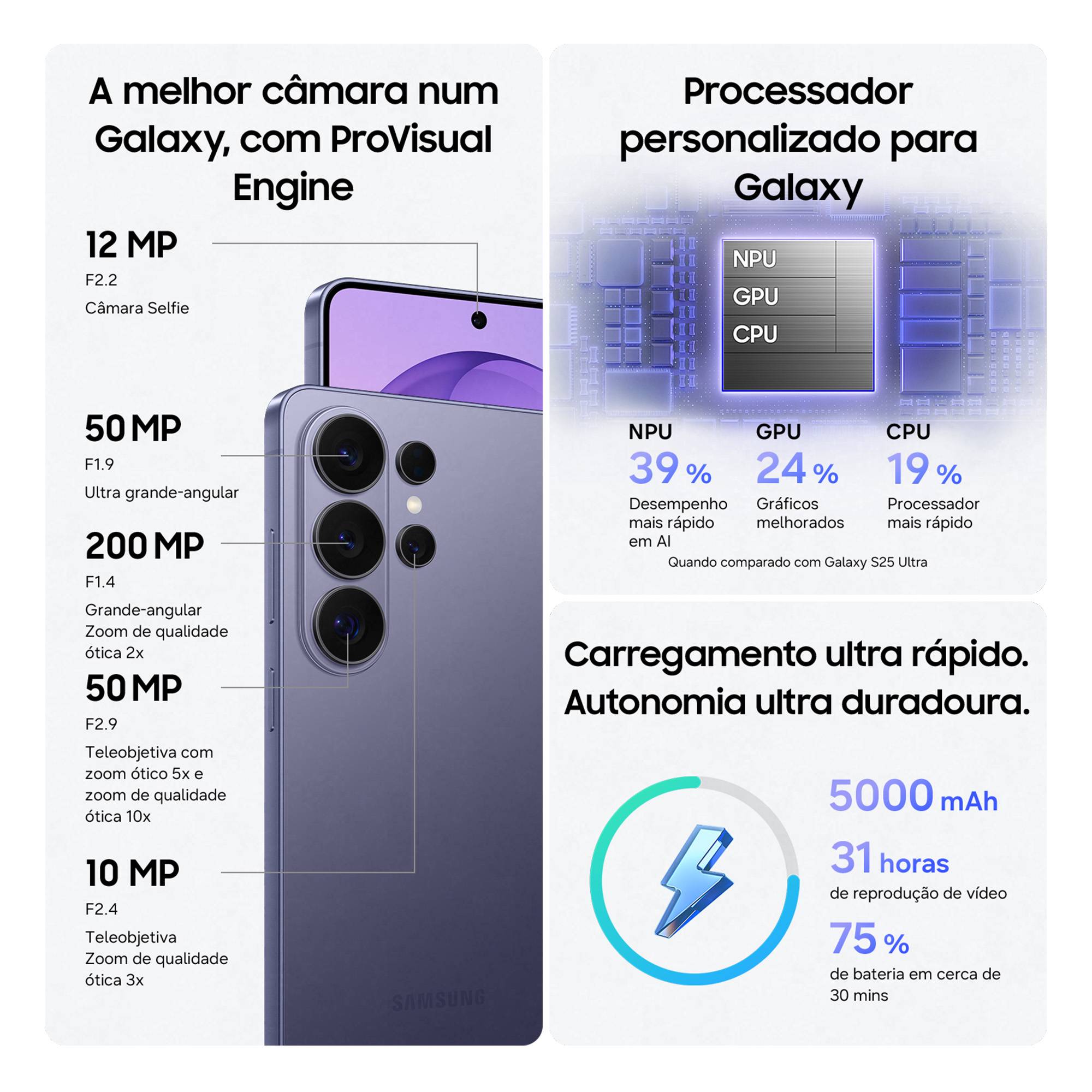 Samsung Galaxy S26 Ultra 5G 512GB Azul Corning Gorilla Armor 2 12GB RAM Câmaras de 200MP
