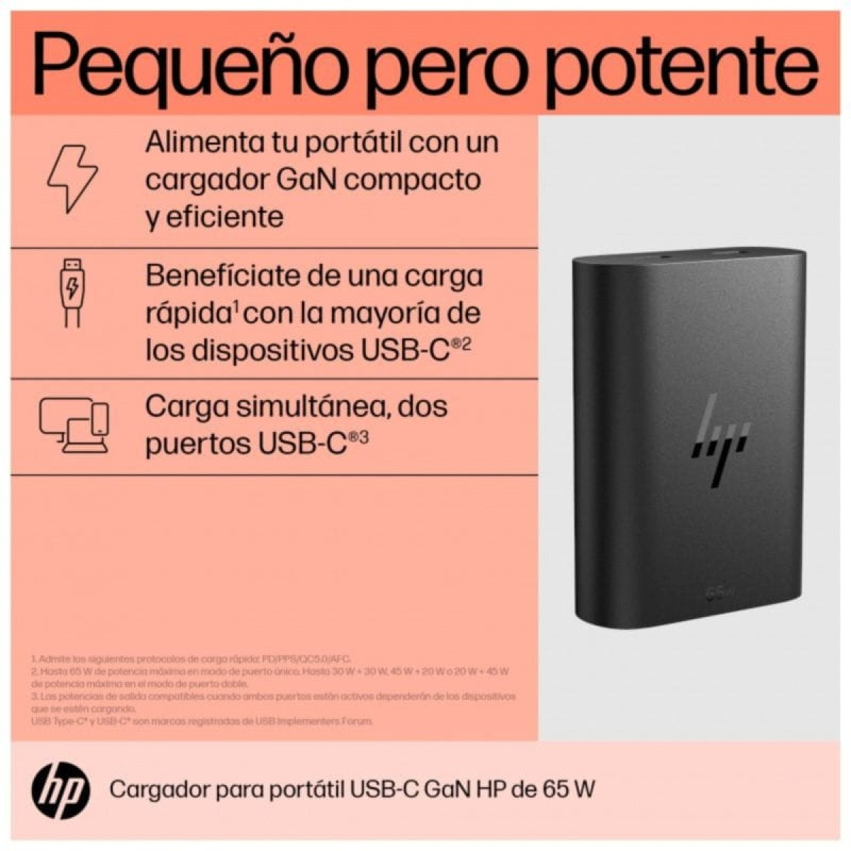 HP 600Q7AA 65 W USB-C 2 Portas GaN – Carregador portátil