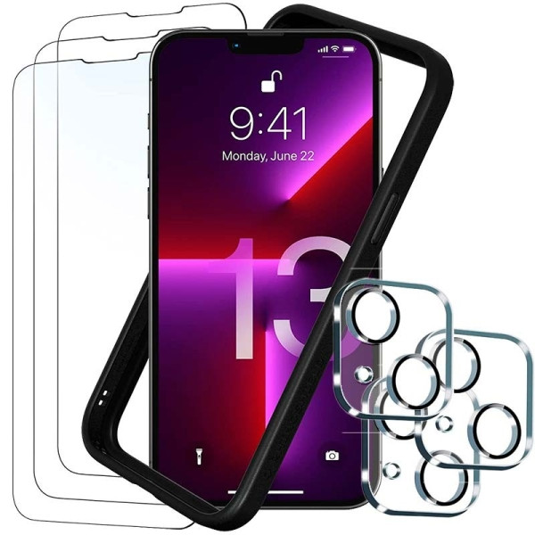 Pack de Acessórios iPhone 14 com 3 Película de Ecrã + 3 Película de vidro para câmara + Capa Bumper
