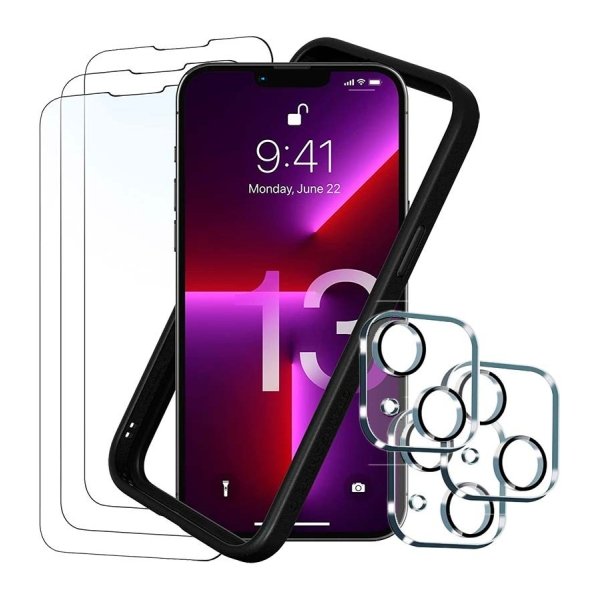 Pack de Acessórios iPhone 13 com 3 Película de Ecrã + 3 Película de vidro para câmara + Capa Bumper