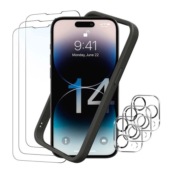 Pack de Acessórios iPhone 14 Pro com 3 Película de Ecrã + 3 Película de vidro para câmara + Capa Bumper