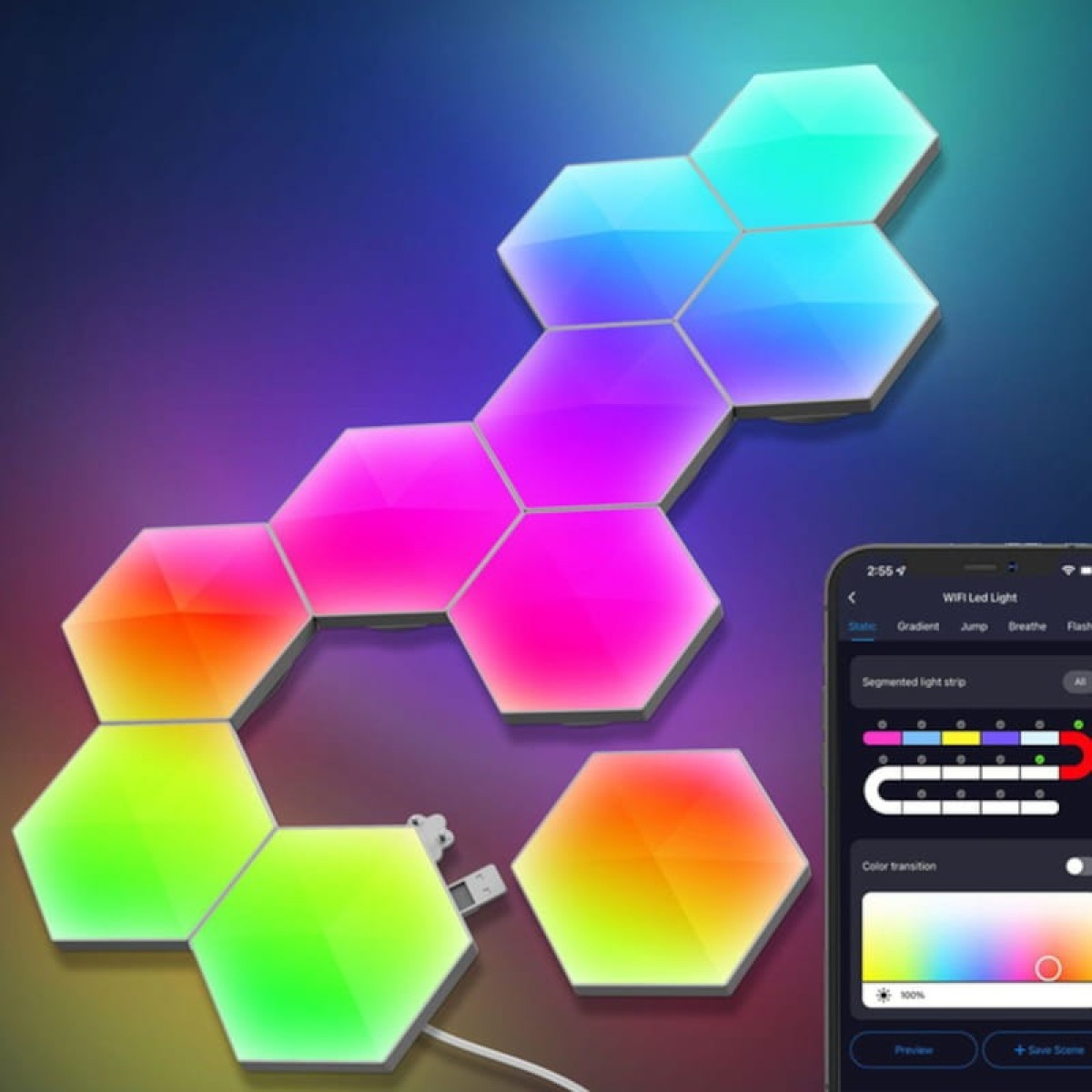 Luzes LED Hexagonais RGB com Bluetooth