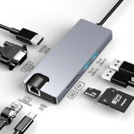 Hub USB-C 8 em 1 com HDMI + VGA + 2x USB 3.0 + USB-C PD + SD/TF + RJ45 1000 Mbps
