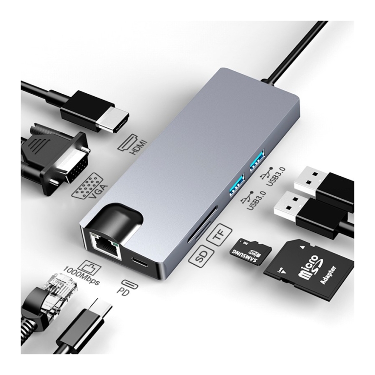 Hub USB-C 8 em 1 com HDMI + VGA + 2x USB 3.0 + USB-C PD + SD/TF + RJ45 1000 Mbps