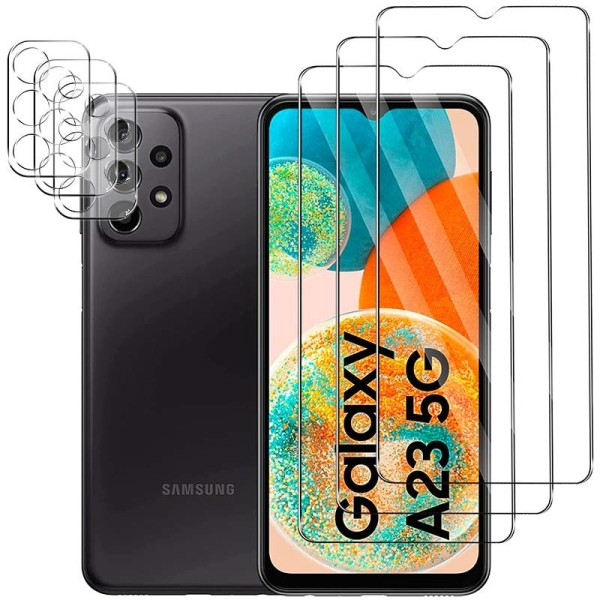 Pack de Acessórios Samsung Galaxy A23 5G A236 com 3 Película de Ecrã + 3 Película de vidro para Câmara