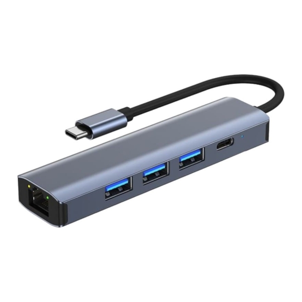 Hub USB BYL-2302 5 em 1 USB Tipo-C/USB 3.0+Tipo C 100W+RJ45