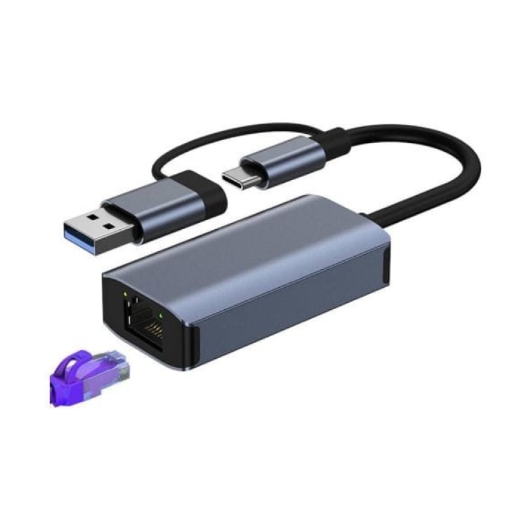 Adaptador BYL-2207 2 em 1 USB 3.0+Tipo C para RJ45 Cinza