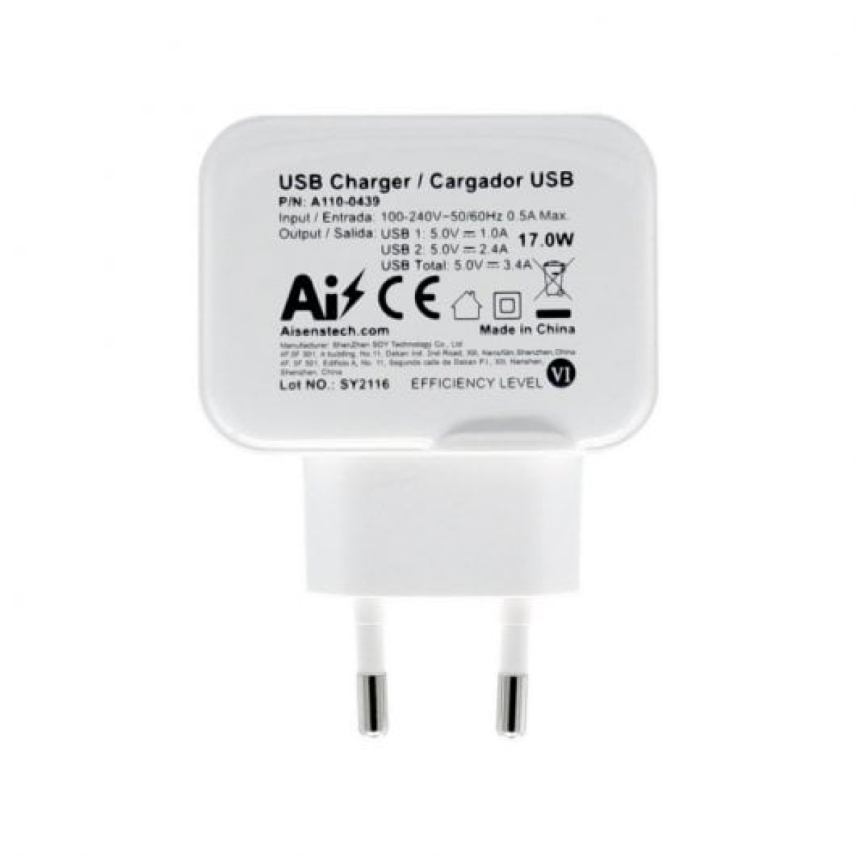 Aisens A110-0439 Carregador 2xUSB 2.0 17W Branco