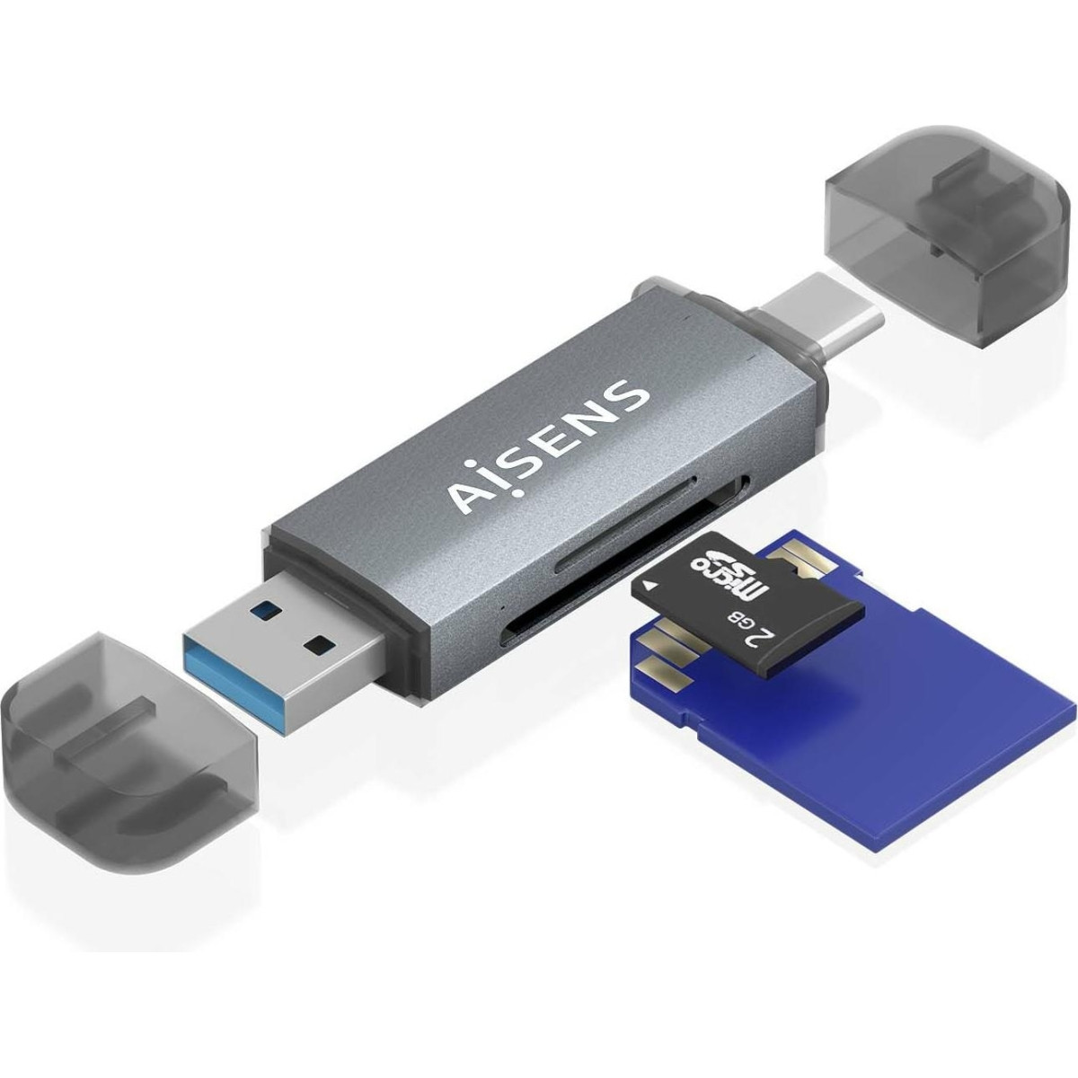 Aisens SD, Micro SD, MMC, RS-MMC, MMC Micro, USB-A and USB-C Card Reader, Gray