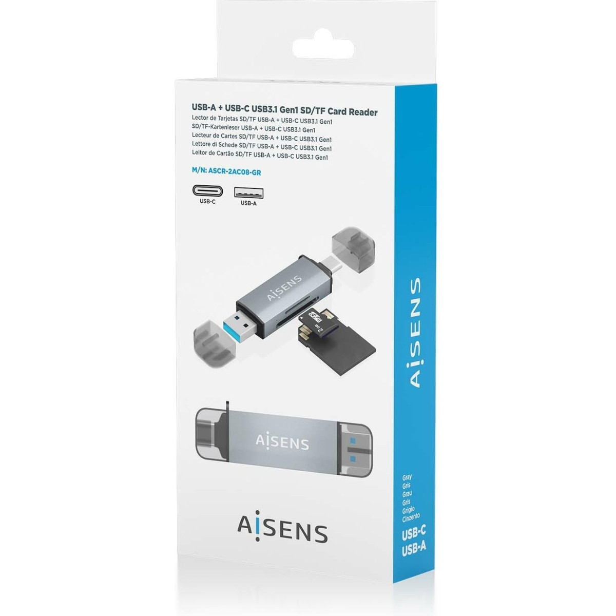 Aisens SD, Micro SD, MMC, RS-MMC, MMC Micro, USB-A and USB-C Card Reader, Gray