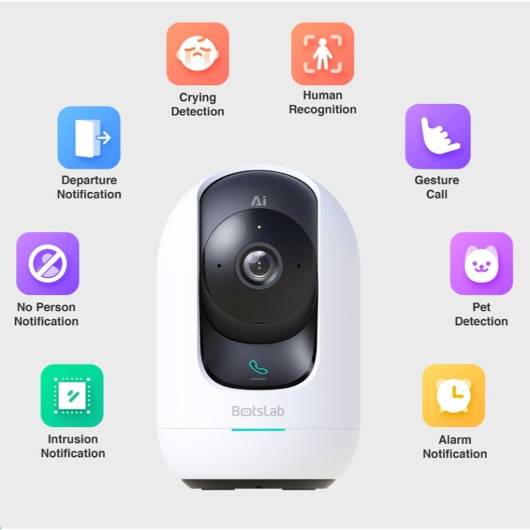 Botslab Indoor Camera 2 Pro, 2.4GHz /5GHz Wi-Fi, Multi-scenes AI recognition, One-Touch Calls, 360°