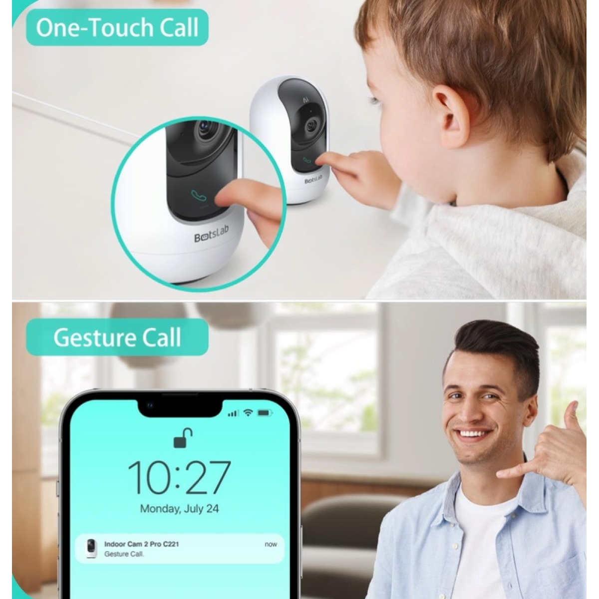 Botslab Indoor Camera 2 Pro, 2.4GHz /5GHz Wi-Fi, Multi-scenes AI recognition, One-Touch Calls, 360°