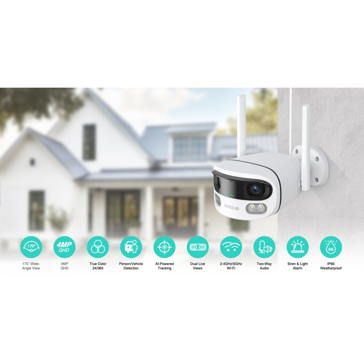 Botslab Outdoor Dual-Lens Camera, 170° Wide-Angle View, Person/Vehicle Detection, Multi-scenes AI re