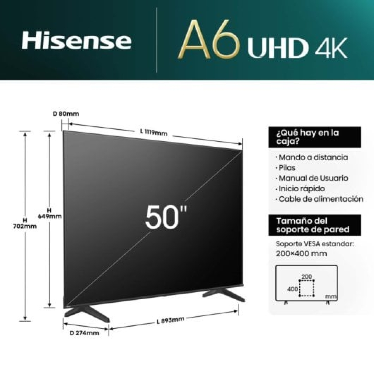 Hisense 50A6N 50" DLED UltraHD 4K Dolby Vision VIDAA Smart TV