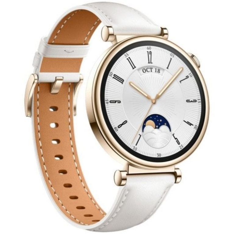 Huawei WATCH GT 4 AMOLED 41mm Smartwatch Dourado com Bracelete de Couro Branca