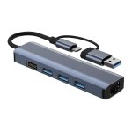 Hub USB BYL-2208 5 em 2 USB 3.0+Tipo C/RJ45 (Gigabit)+USB 3.0+2.0 Cinza