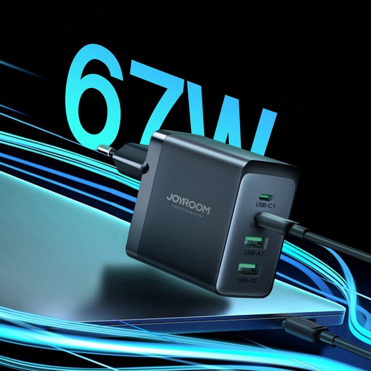 Joyroom charger GaN 67W 4 ports (2x USB, 2x USB C) black (TCG02) + cable USB C - USB C 100W 1.2m