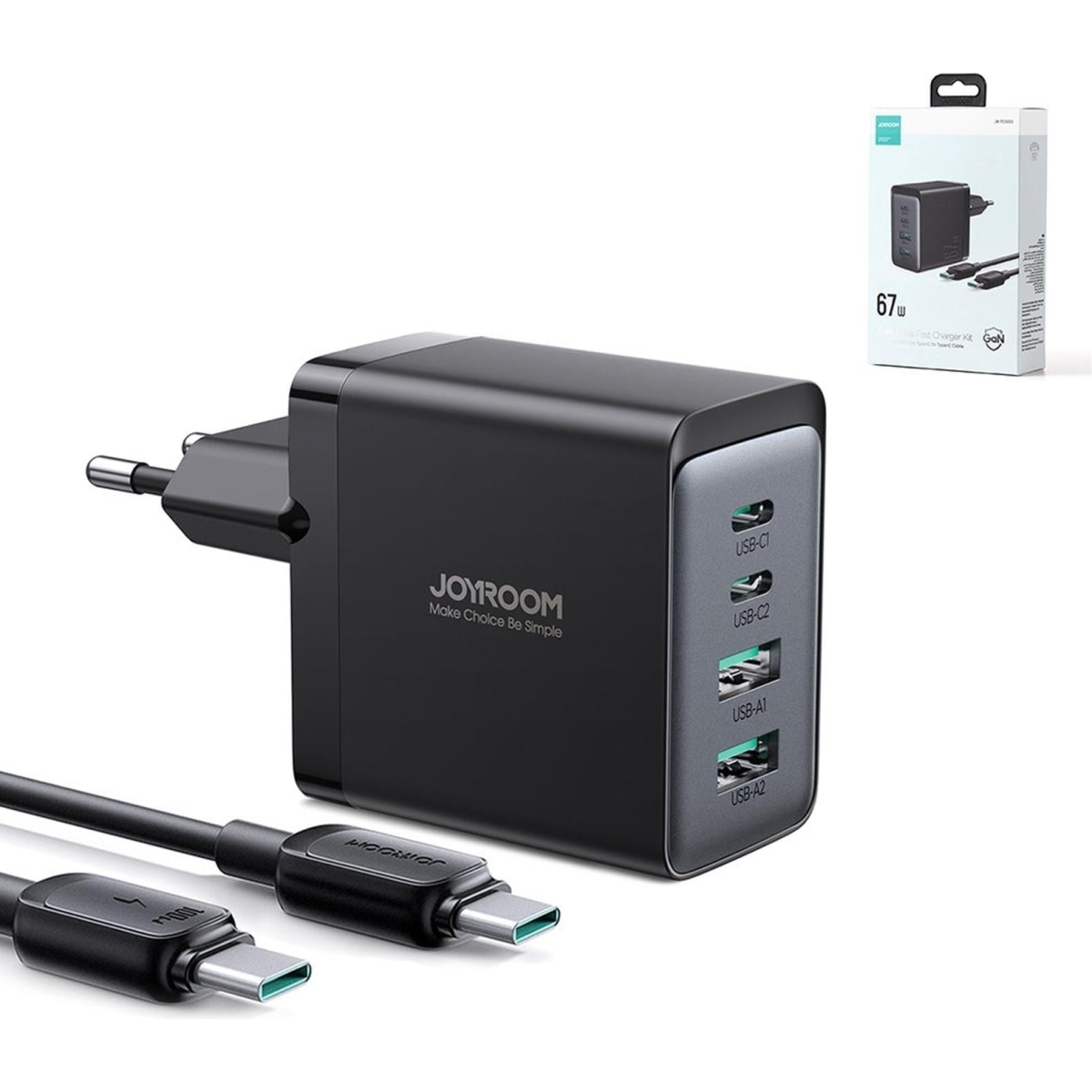 Joyroom charger GaN 67W 4 ports (2x USB, 2x USB C) black (TCG02) + cable USB C - USB C 100W 1.2m