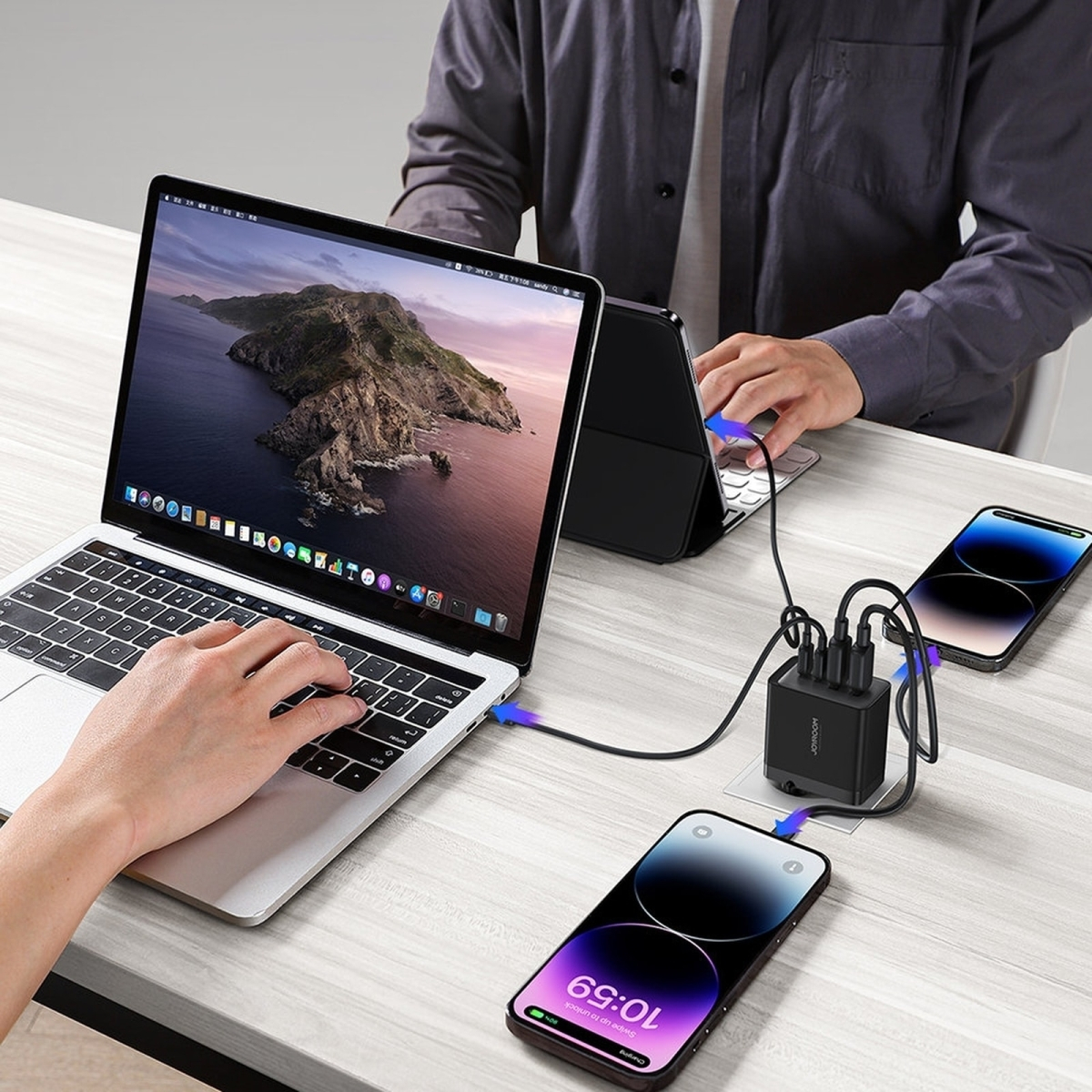 Joyroom charger GaN 67W 4 ports (2x USB, 2x USB C) black (TCG02) + cable USB C - USB C 100W 1.2m
