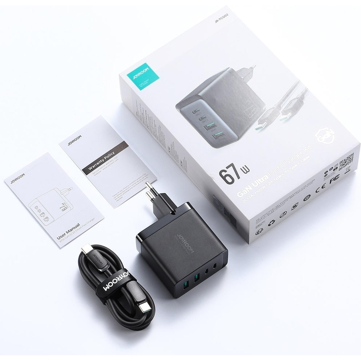Joyroom charger GaN 67W 4 ports (2x USB, 2x USB C) black (TCG02) + cable USB C - USB C 100W 1.2m