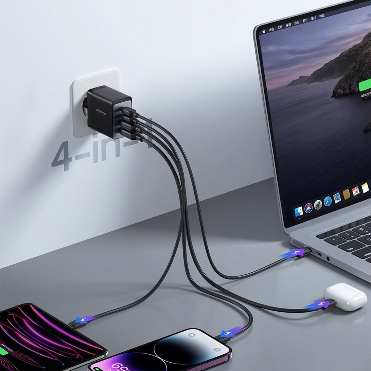 Joyroom charger GaN 67W 4 ports (2x USB, 2x USB C) black (TCG02) + cable USB C - USB C 100W 1.2m