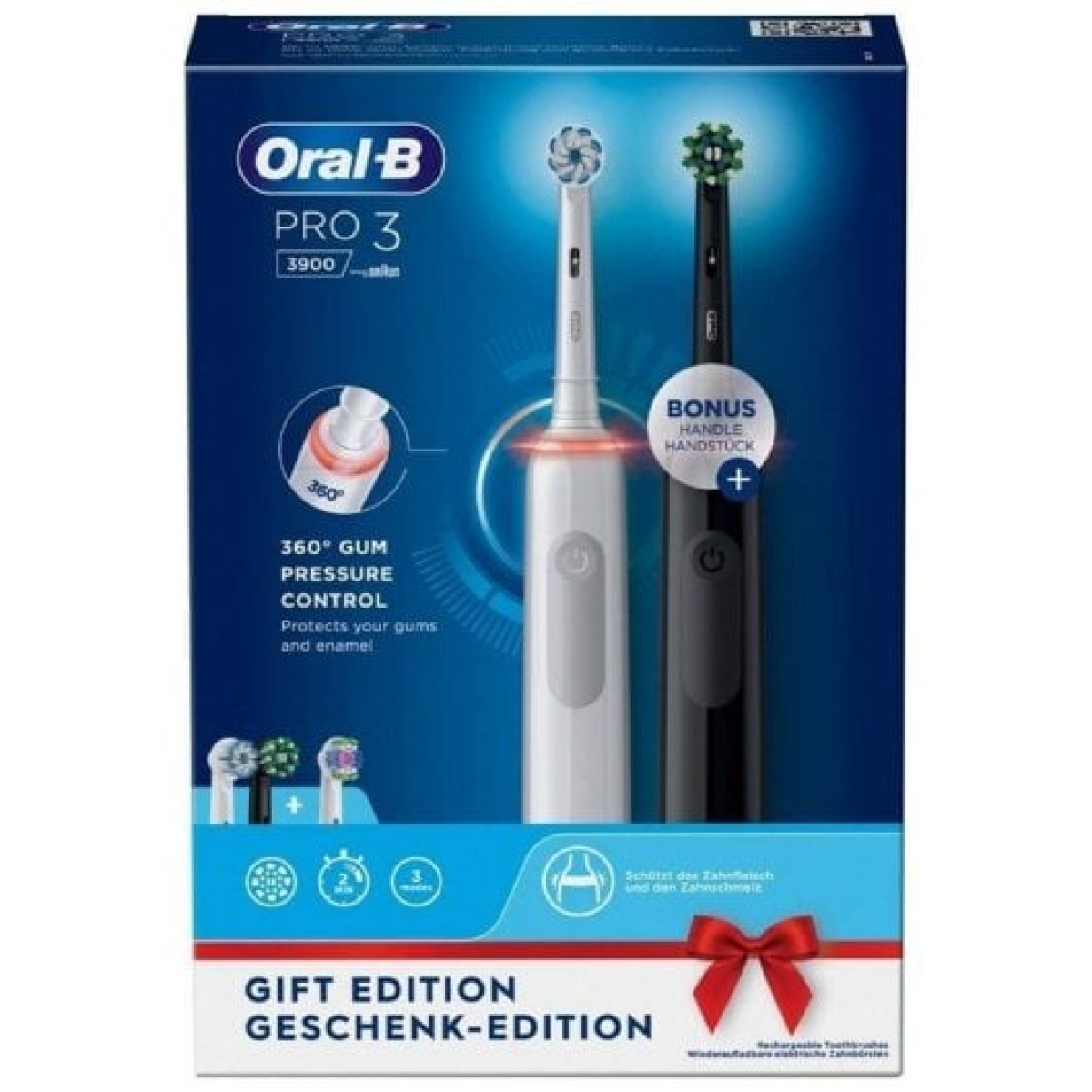 Oral-B Pro 3 3900 Duo Pack de 2 Escovas de Dentes Elétricas com Comando Recarregável Branca/Preta