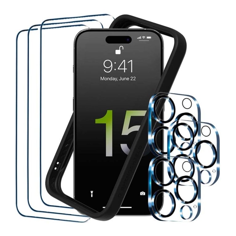 Pack de Acessórios iPhone 15 Pro com 3 Película de ecrã + 3 Película de vidro para cámara + Capa Bumper