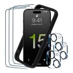 Pack de Acessórios iPhone 15 com 3 Película de ecrã + 3 Película de vidro para cámara + Capa Bumper