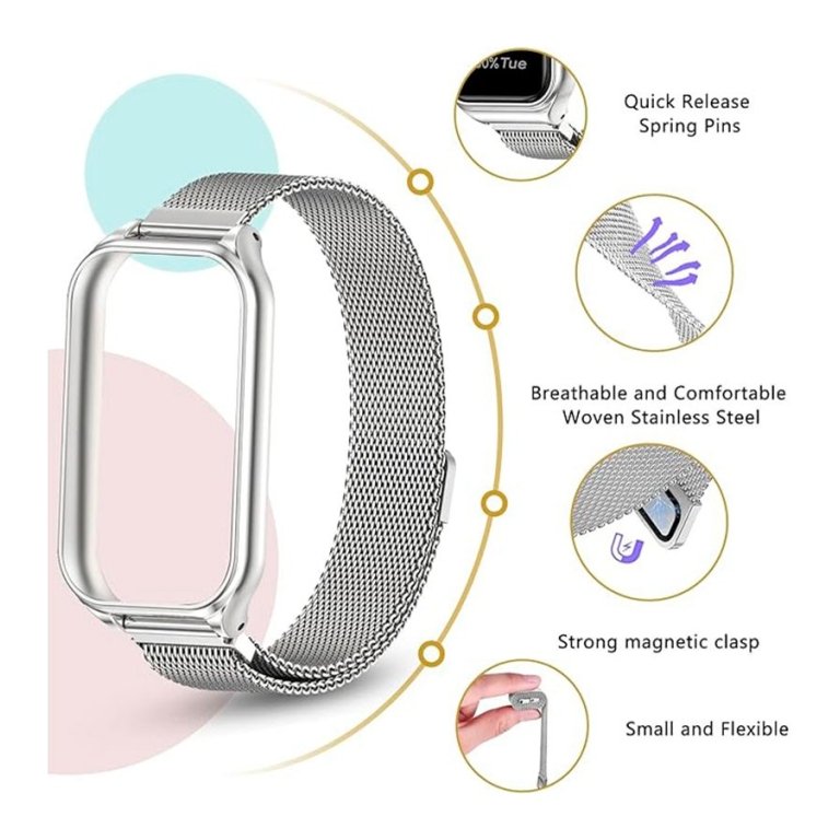 Pulseira Milanesa Magnética Xiaomi Mi Smart Band 8 Active / Redmi Smart Band 2 Prateado