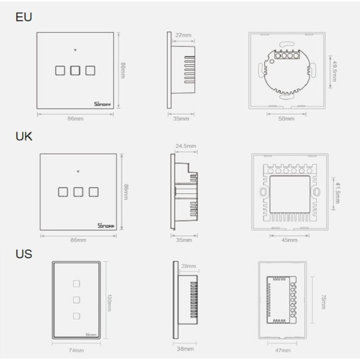 Sonoff T3EU3C - 3-gang Wi-Fi Smart Wall Switch - Black