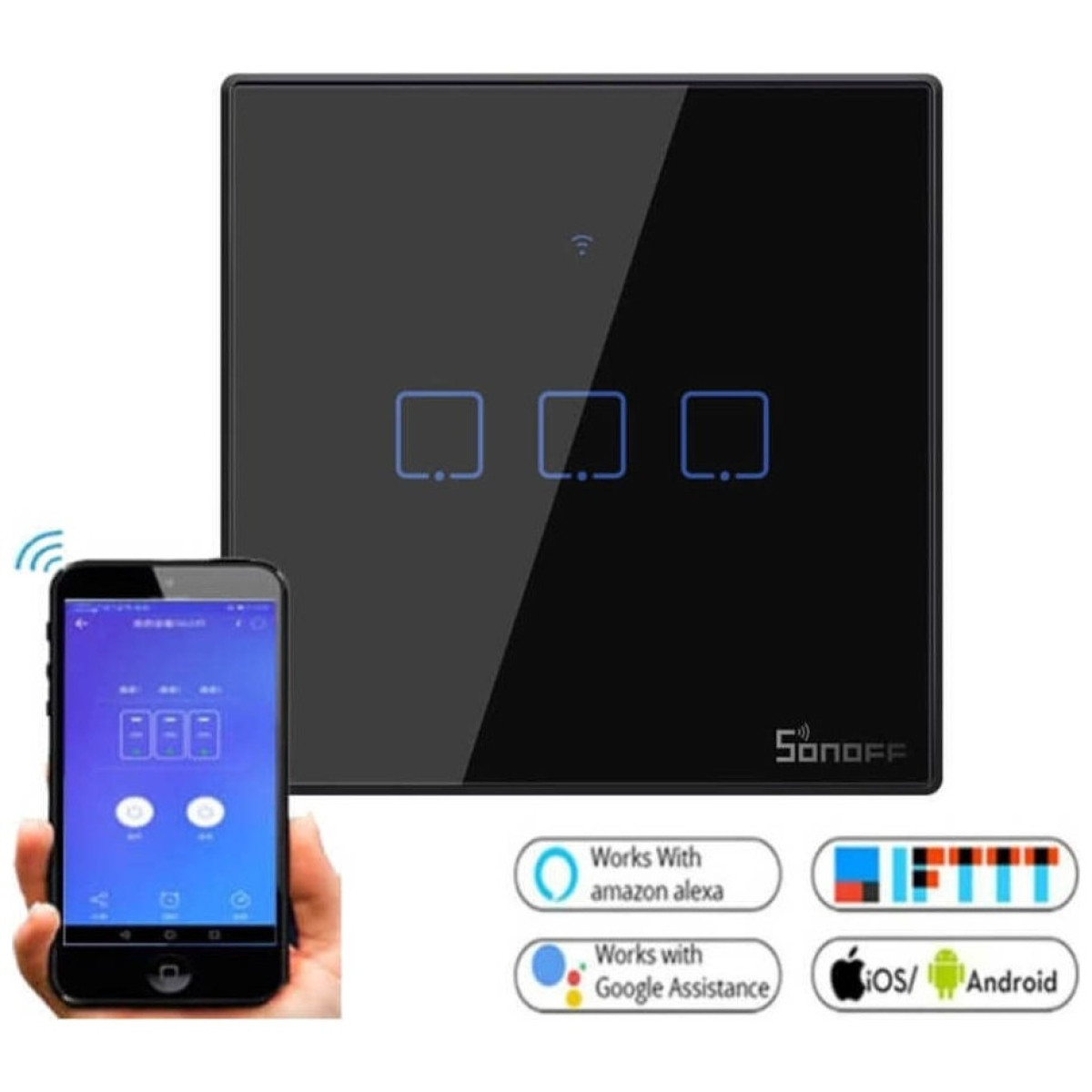 Sonoff T3EU3C - 3-gang Wi-Fi Smart Wall Switch - Black